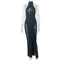 VacationGrabs Sexy Women Backless Halter Mesh See Through Maxi Dress Long Ribbon Tie Back High Split Slim Fit Bodycon Party Long Gown