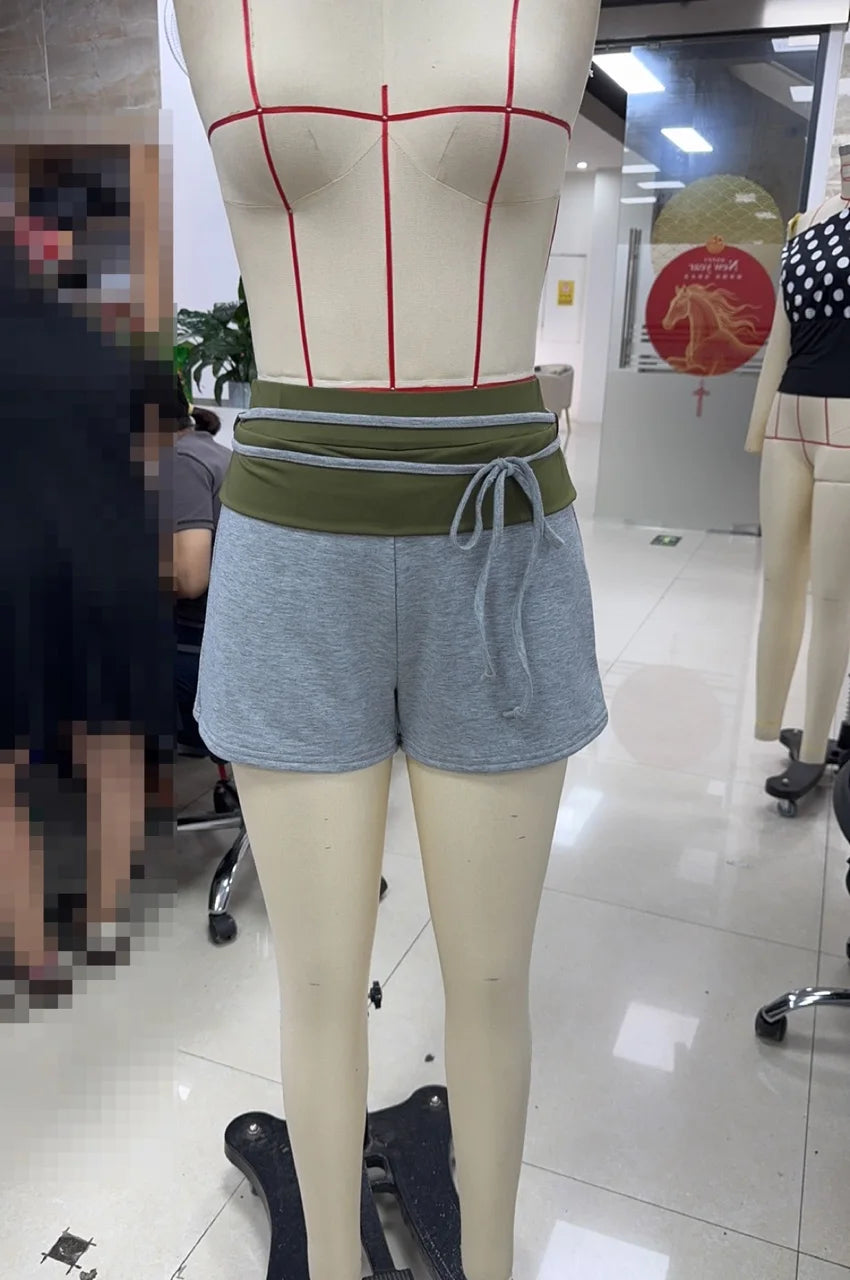 VacationGrabs Y2K Women Fold Over Waist Sweat Shorts Low Rise Drawstring Color Block Mini Shorts Summer Casual Streetwear