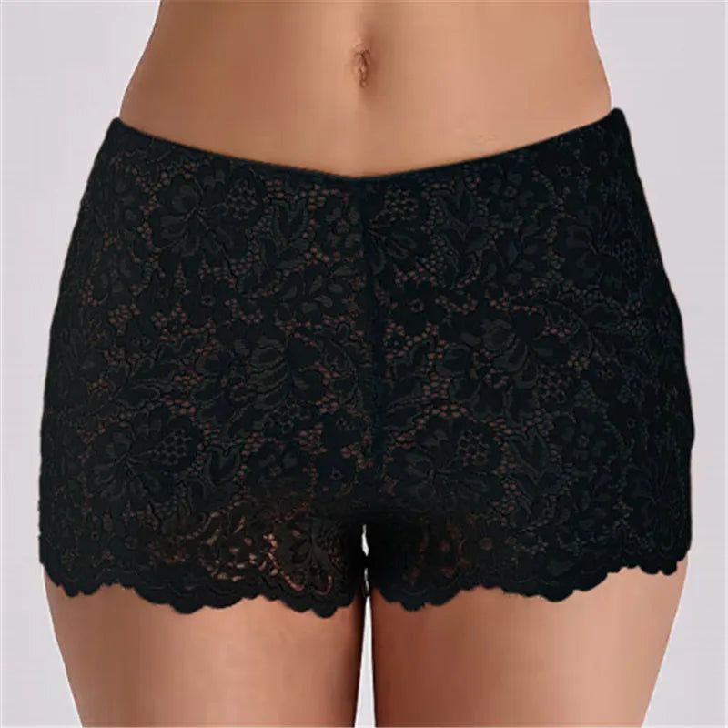 VacationGrabs Women Floral Lace High Waist Boyshort Panties Sheer Mesh Scallop Trim Anti-Exposure Underwear Casual Daily Lingerie