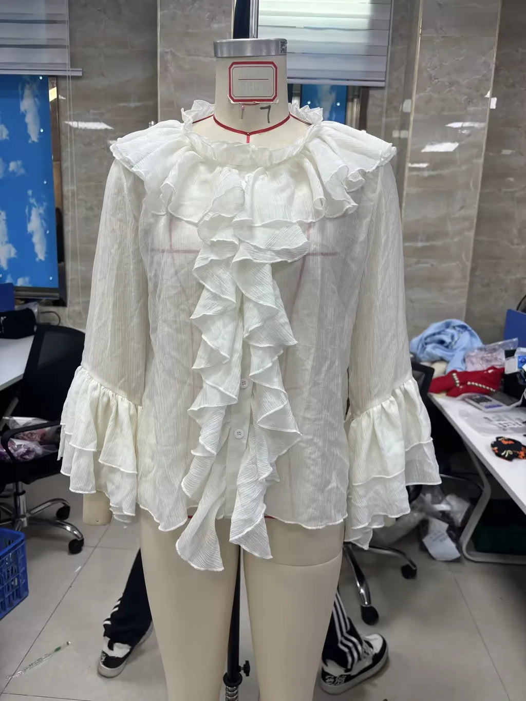 VacationGrabs Elegant Women Ruffle Sheer Blouse Casual Loose V Neck Long Sleeve Shirts for Spring Summer Vintage Streetwear
