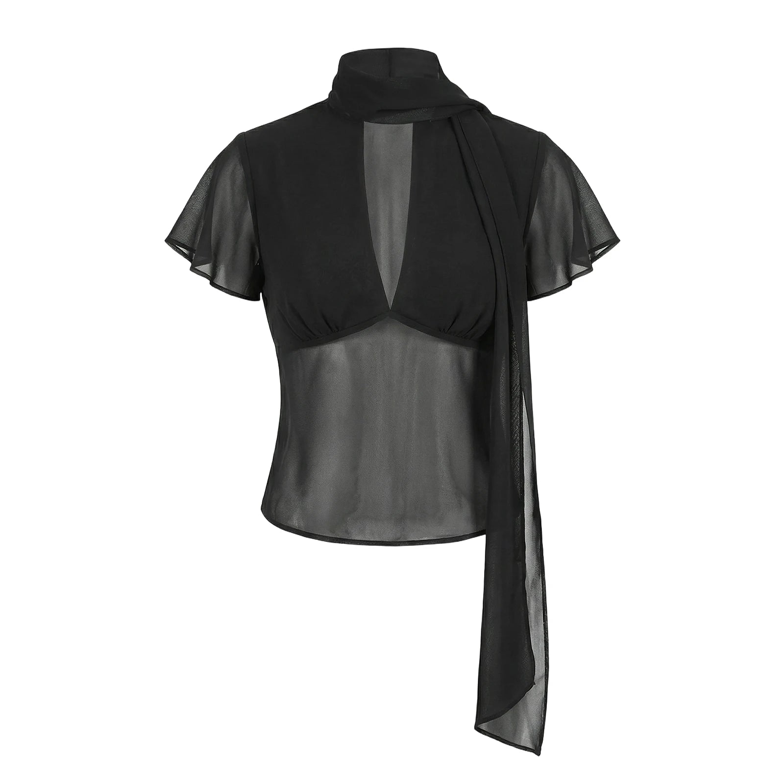VacationGrabs Y2K Women Mesh Sheer Blouse Short Flutter Sleeve Keyhole Neck Tie Scarf Collar Slim Fit Cropped Top Vintage Party Shirt