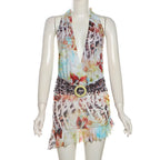 Women Sexy Halter Mini Dress Floral Bodycon Backless Short Dress Low Cut Mesh Going Out Dresses Cutout Vacation Beachwear