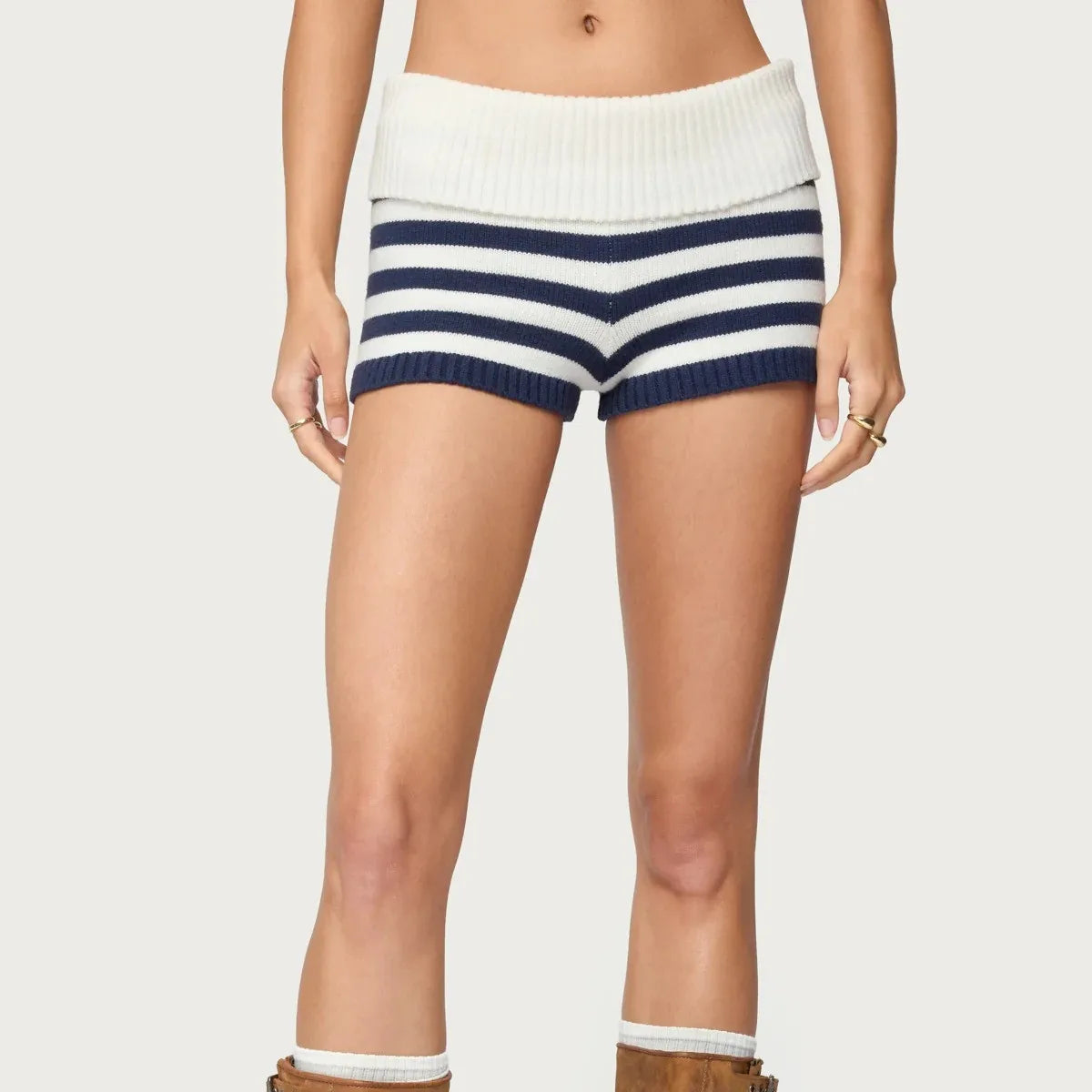 VacationGrabs Women Y2k Knit Mini Shorts Striped Foldover Low Waist Elastic Slim Fit Vintage Going Out Micro Bottom Streetwear
