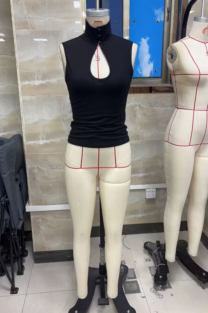 VacationGrabs Keyhole Cutout Tops for Women Y2K Mandarin Collar Shirt Sexy Fitted Hollow Out Tank Summer Fashion Going Out Tops