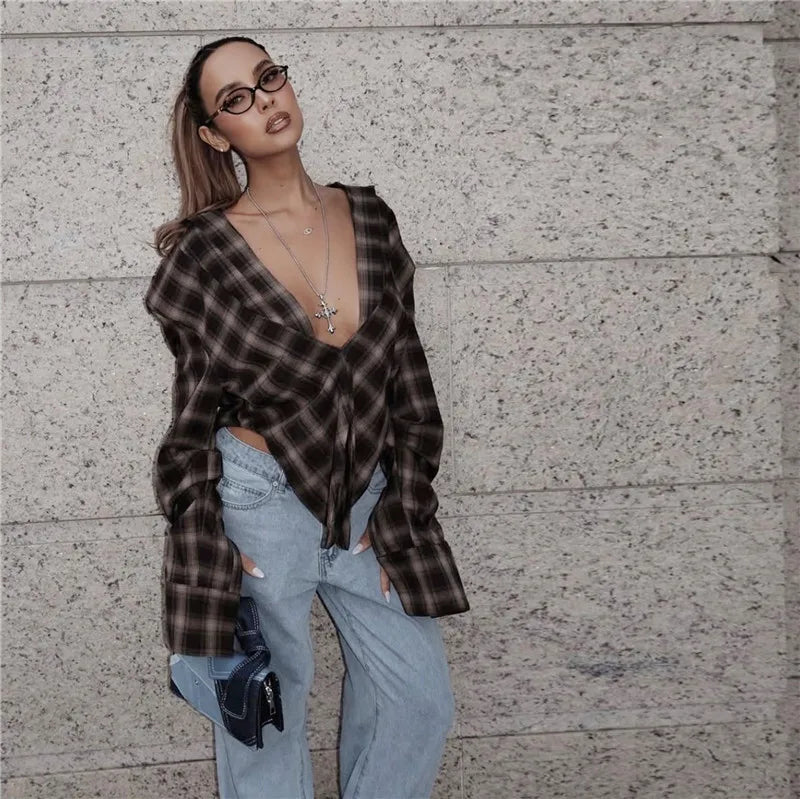 VacationGrabs Women Sexy Blouses Vintage Contrast Plaid V-Neck Slim Shirt Top Fashion Y2k Party Look New High Waisted Female Shirt Top