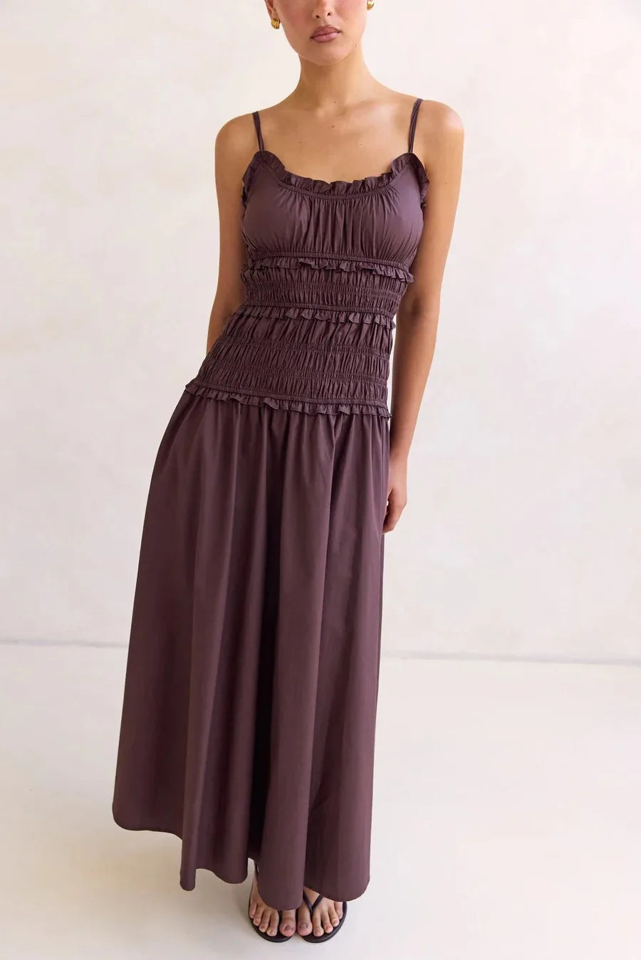 Boho Smocked Tiered Maxi Dress Women Spaghetti Strap Ruffle Trim Flowy A-Line Dress For Summer Beach Vacation Sundress