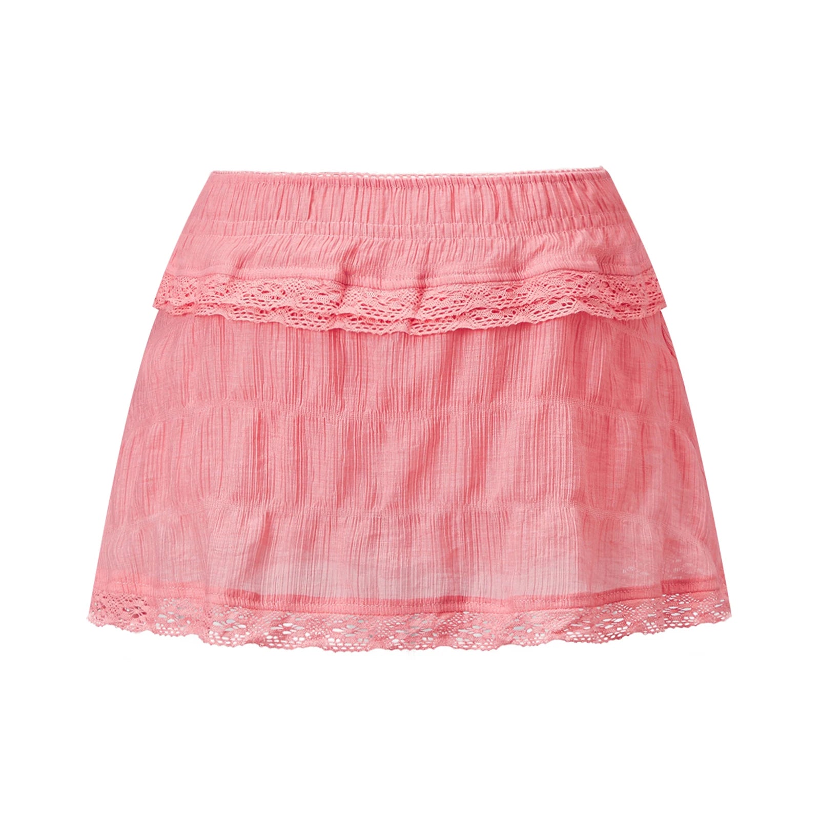 VacationGrabs Women Lace Ruffle Tiered Mini Skort Elastic Waist Low Rise Flowy Micro Skirt Y2K Summer Casual Skirt With Inner Shorts