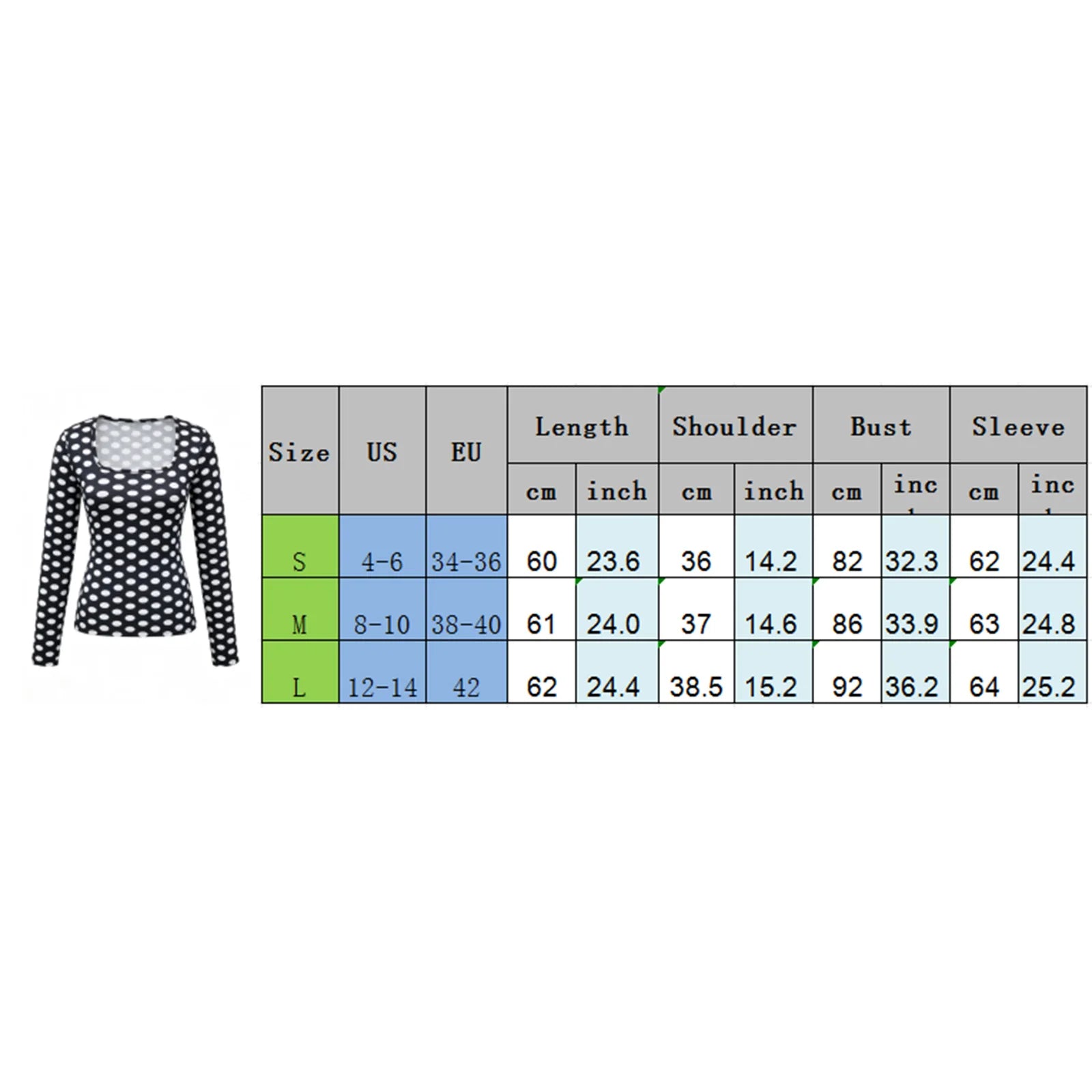 VacationGrabs Women Square Neck Polka Dot Print Long Sleeve Top Slim Fit Stretchy Y2K Vintage Casual Basic Tee Blouse Daily Wear