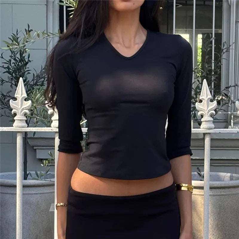 VacationGrabs Y2K Women Solid V Neck 3/4 Sleeve Cropped Top Stretchy Slim Fitted Basic T Shirt Casual Daily Short Blouse Spring Autumn