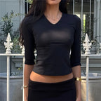 VacationGrabs Y2K Women Solid V Neck 3/4 Sleeve Cropped Top Stretchy Slim Fitted Basic T Shirt Casual Daily Short Blouse Spring Autumn