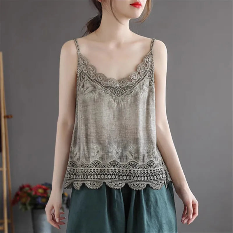 Women V Neck Camisole Loose Fit Hollowed Flower Embroidered Spaghetti Strap Cotton Linen Tops Casual Summer Streetwear