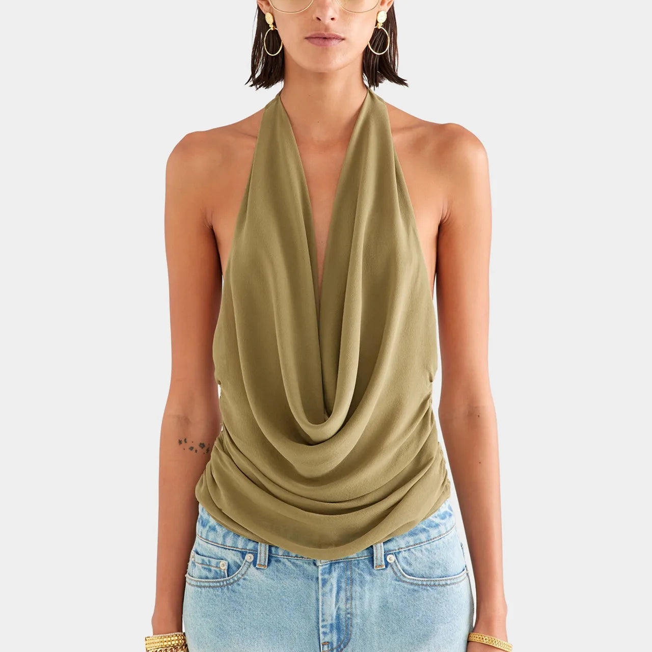 VacationGrabs Women Trendy Halter Tops Summer Ruched Cowl Neck Backless Sleeveless Shirts for Streetwear Aesthetic Grunge Clothes