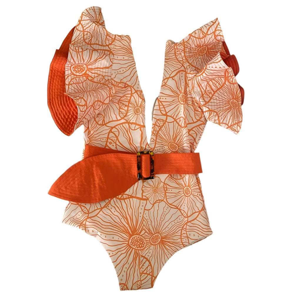 Women's Ruffle Sleeve Deep-V Bathing Suit - VacationGrabs