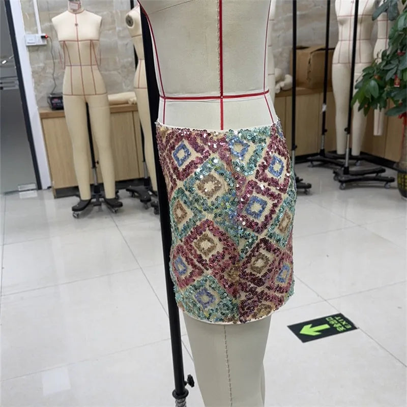 VacationGrabs Women Y2K Sparkly Sequin Mini Skirt Side Tie-up Low Waist Pencil Skirt Glitter Festival Rave Short Skirts Party Clubwear