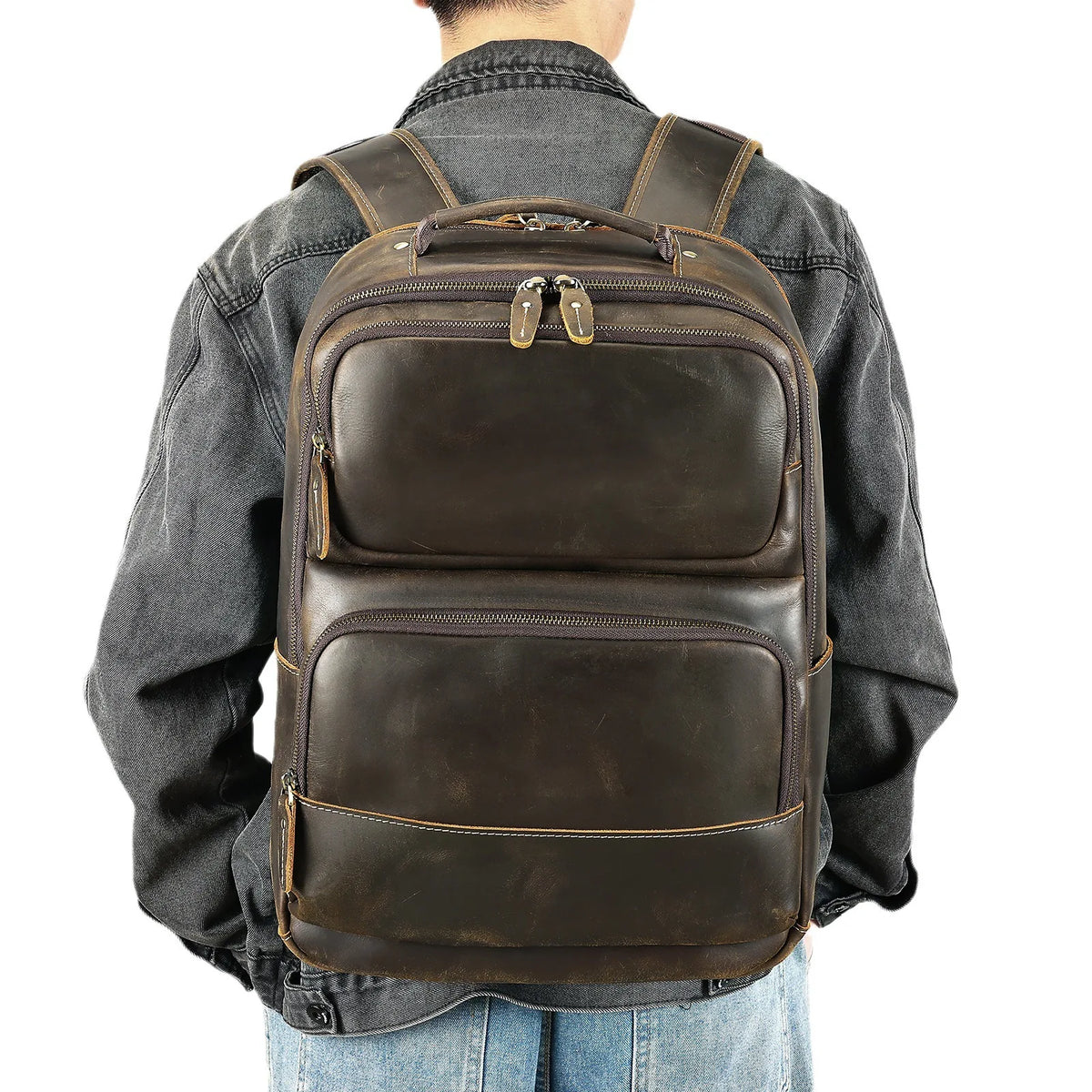 Frenzy Horsehide Men's Double-Shoulder Backpack, Cowhide Outdoor Travel Backpack, Men's Genuine Leather Double-Shoulder Bag