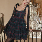 VacationGrabs Women Tartan Plaid Mini Dress Square Neck Mesh Bow Strap Sleeveless Tiered Ruffle A Line Swing Christmas Party Dress
