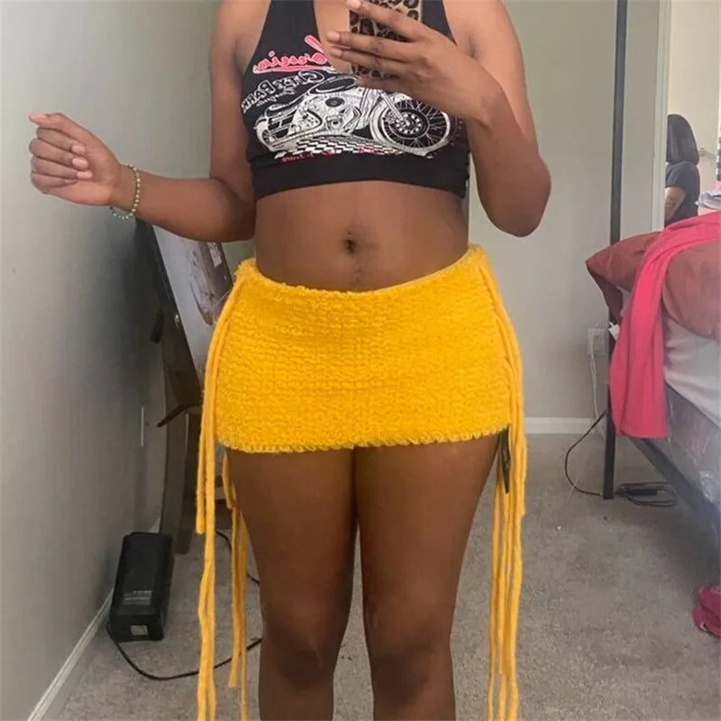 VacationGrabs Women Textured Knit Mini Skirt Summer Fashion Solid Color Low Rise Short Skirts with Long Fringe Side Ties and Raw Edges