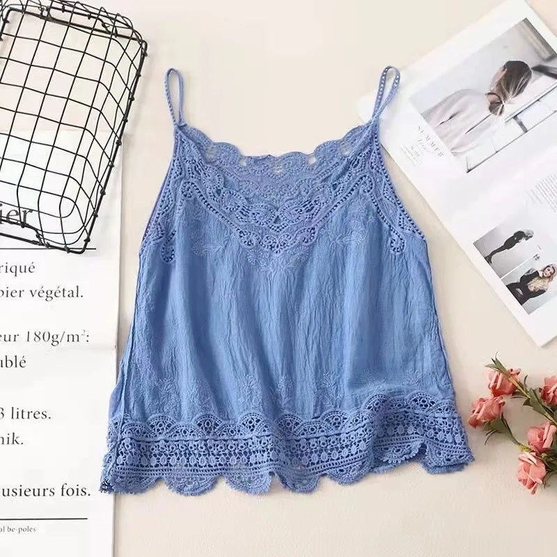 Women V Neck Camisole Loose Fit Hollowed Flower Embroidered Spaghetti Strap Cotton Linen Tops Casual Summer Streetwear