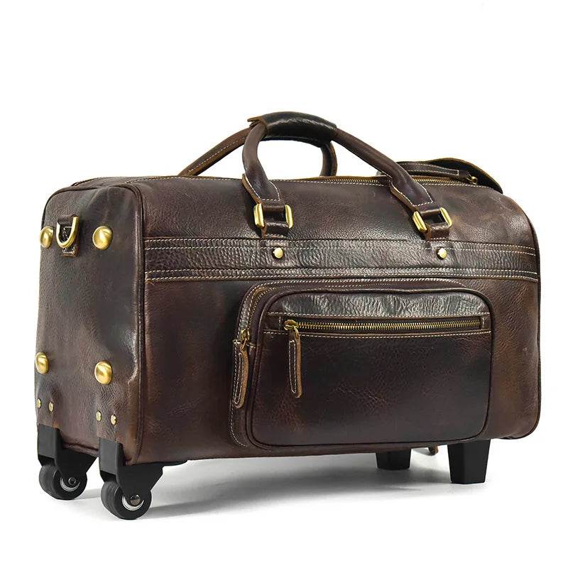 Large Genuine Leather Trolley Duffel – Rolling Luggage Bag - VacationGrabs