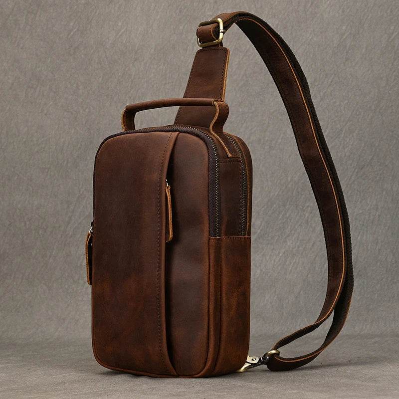 Crazy Horse Leather Men’s Chest Bag Top Layer Cowhide Sling - VacationGrabs