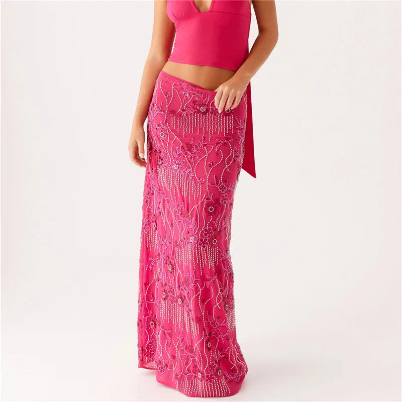VacationGrabs Women Sequin Beaded Maxi Skirt Y2K Sparkly High Waist Bodycon Skirt Night Out Party Glitter Long Skirt Vacation Clubwear