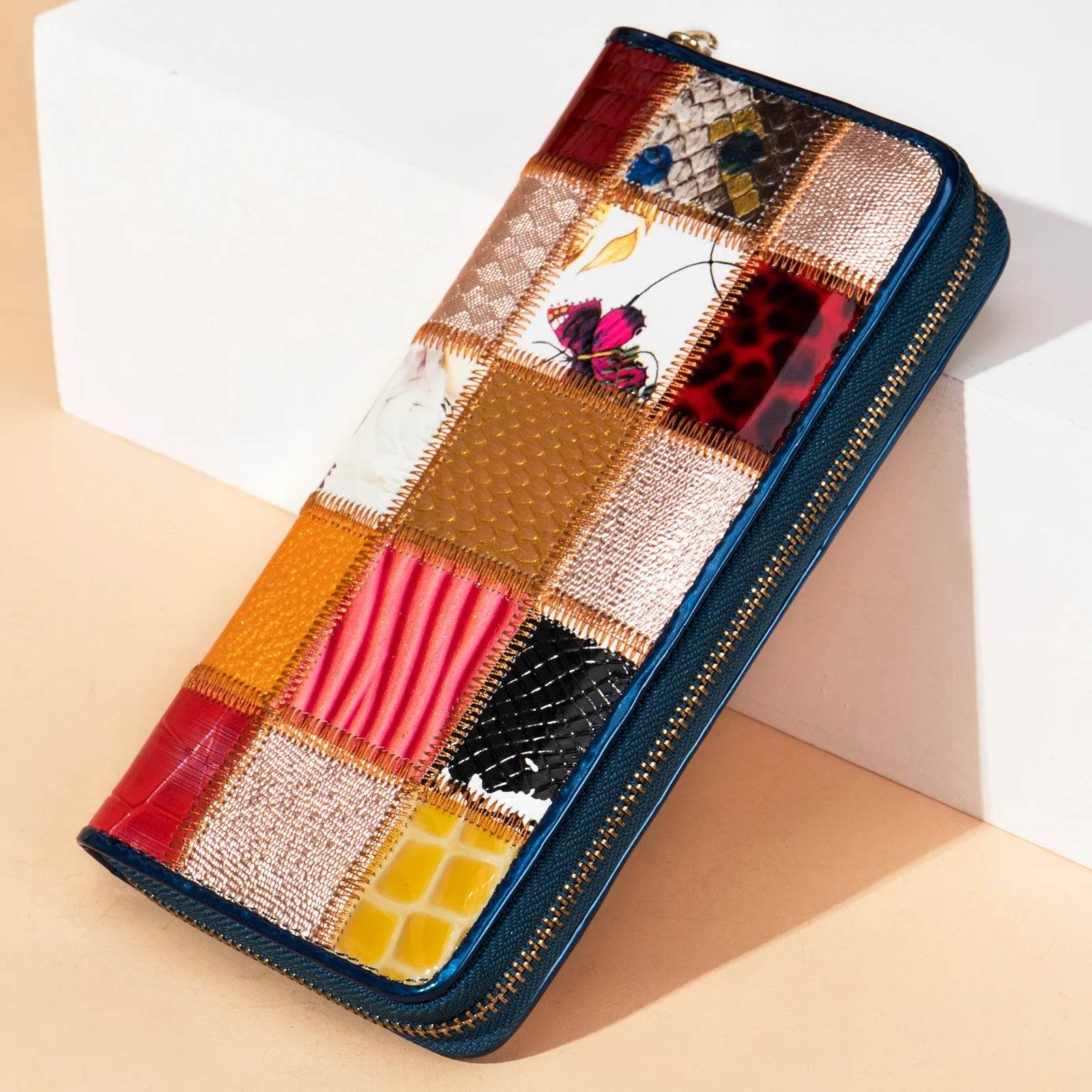 Women’s Cowhide Patchwork Clutch Bag Ethnic Style Genuine Leather Purse - VacationGrabs