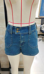 VacationGrabs Women's Denim Shorts with Pockets Low Rise Blue Jean Shorts for Summer Double Button Closure Hot Pants Streetwear