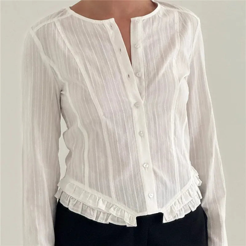 VacationGrabs Elegant Women's Autumn Spring Striped Tops Long Sleeve Round Neck Ruffle Trim Hem Casual Button Up Shirts Blouse