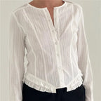 VacationGrabs Elegant Women's Autumn Spring Striped Tops Long Sleeve Round Neck Ruffle Trim Hem Casual Button Up Shirts Blouse