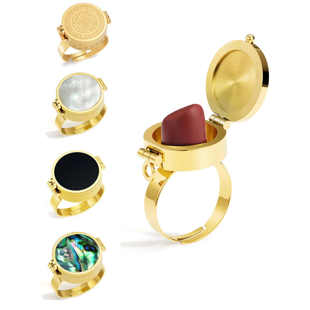 Hidden Lipstick Holder Open Ring, 18K Gold-Plated Steel