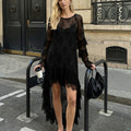 Women Boho Lace Maxi Dress Long Sleeve Ruffle Asymmetrical Hem Sheer Mesh Floral Lace Beach Wedding Guest Vacation Party Dress