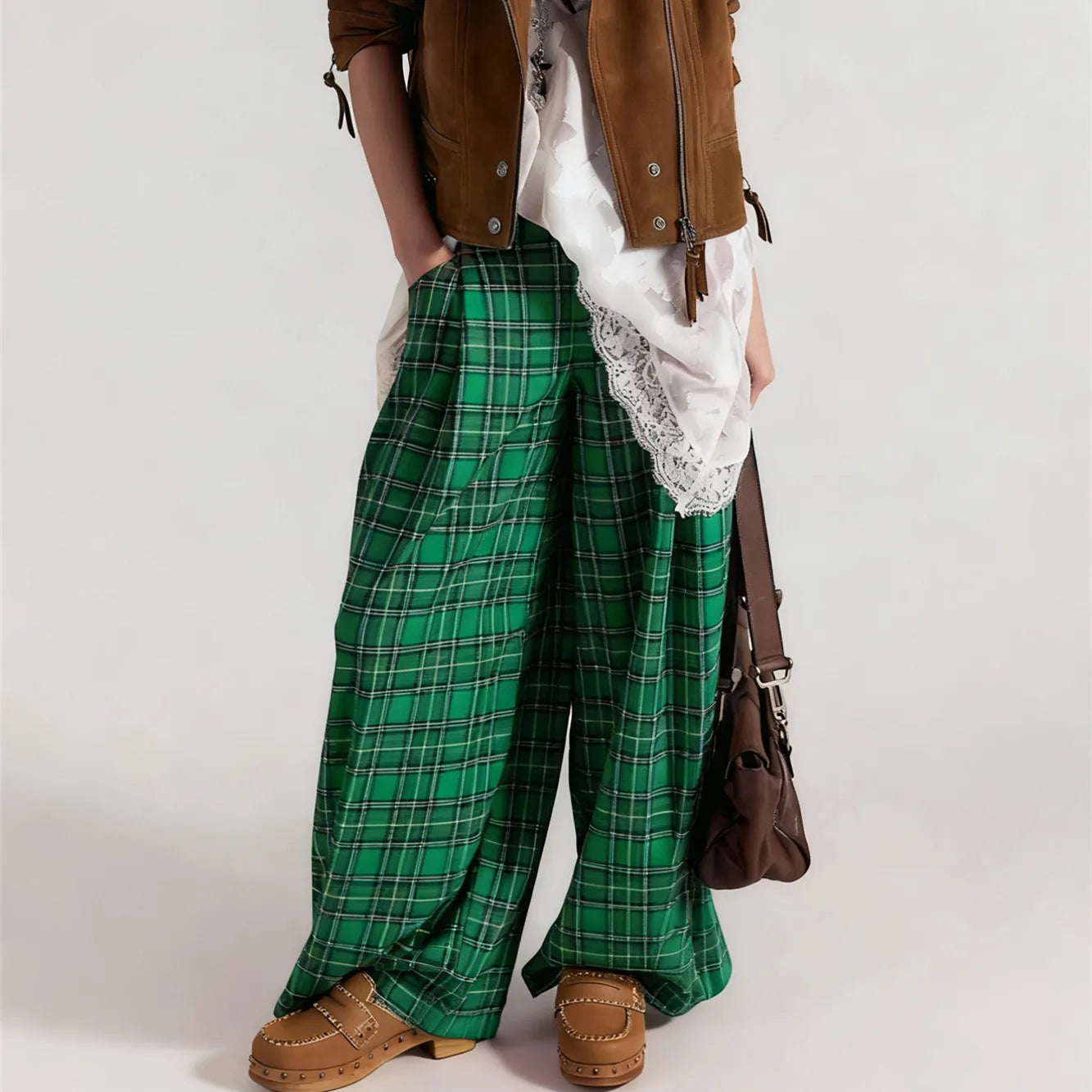 VacationGrabs Women Y2k Gingham Wide Leg Mid Rise Holiday High Street Tartan Pants Vintage Plaid Baggy Trousers with Pockets