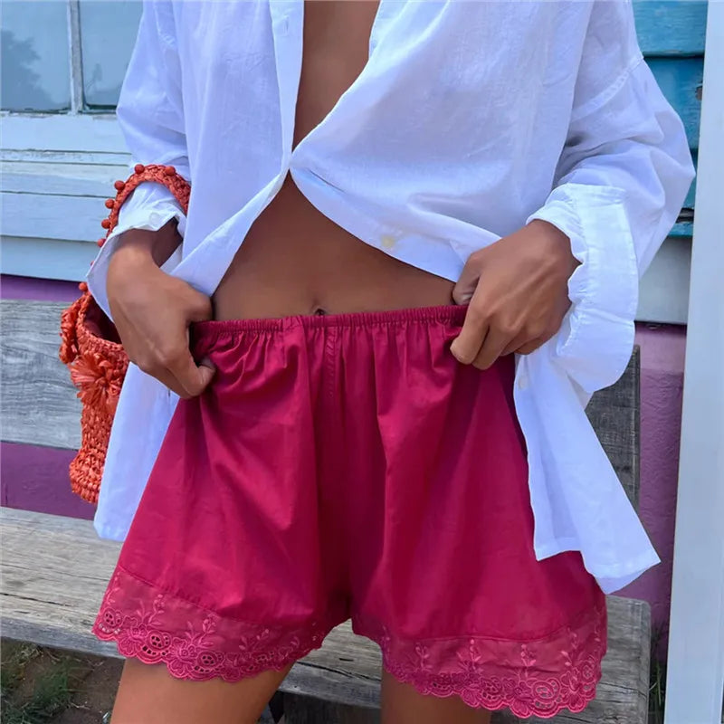VacationGrabs Women Y2k Lace Trim Lounge Shorts Floral Embroidery Elastic Low Rise Wide Leg Pjs Bottoms Teens Ruffle Cute Mini Shorts