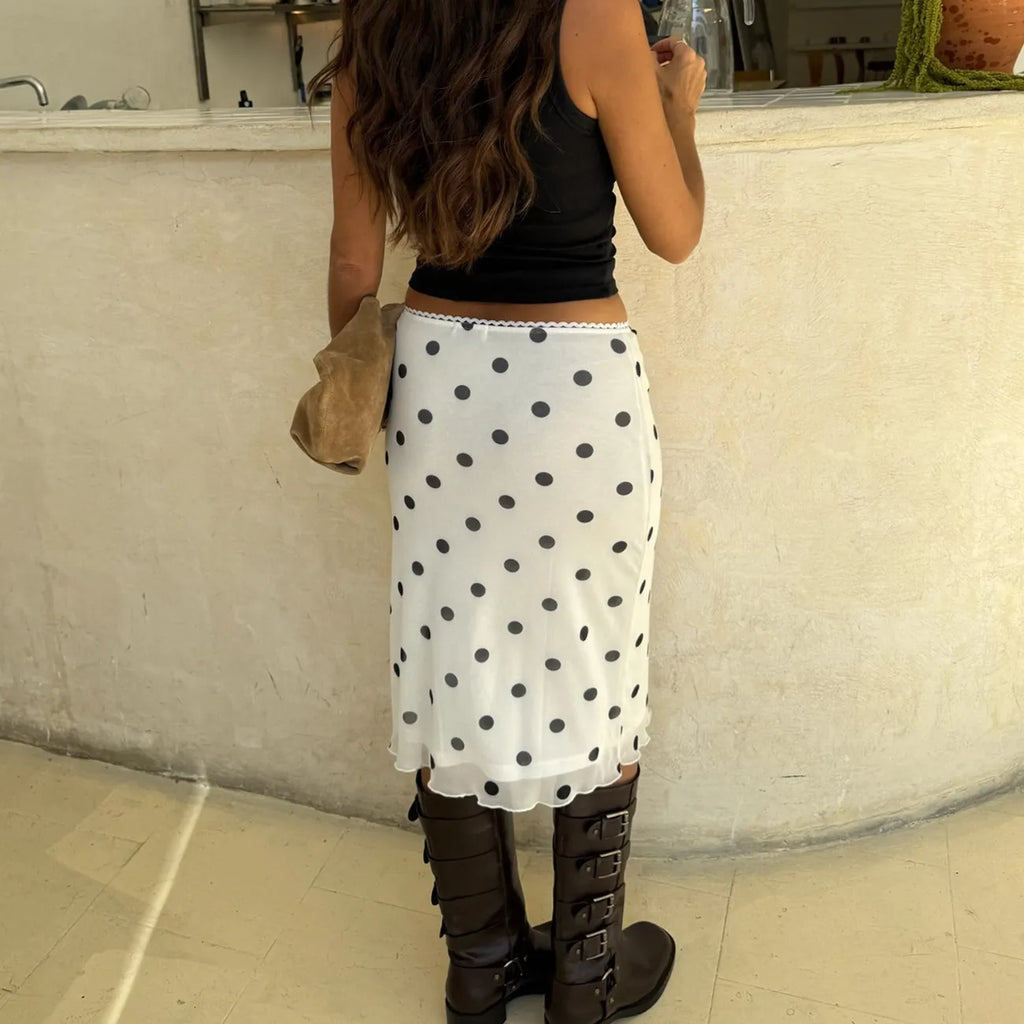 VacationGrabs Womens Casual Midi Skirt Elegant Polka Dot Print Bodycon Pencil Skirt for Party Workout Daily Wear Summer Y2K Streetwear
