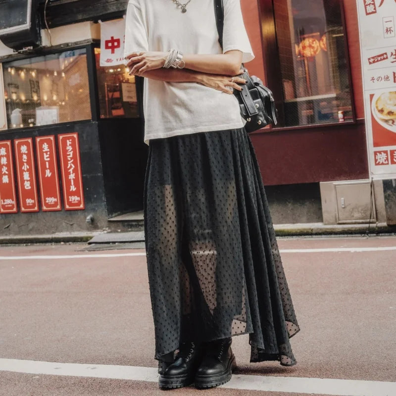 VacationGrabs Fashion Women Sheer Skirt Y2K Polka Dot Ankle Length Long Sheer Skirt Summer Spring Casual Party Wear High Waist Skirt