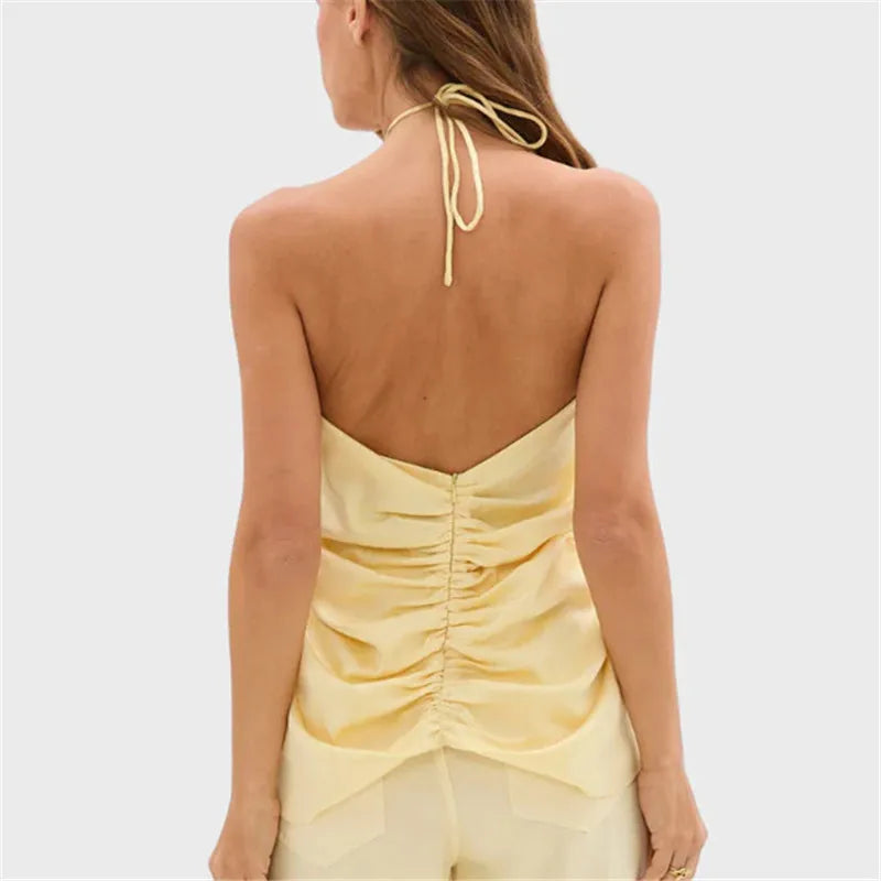 Women's yellow halter-top, satin fabric, perfect for summer outings
