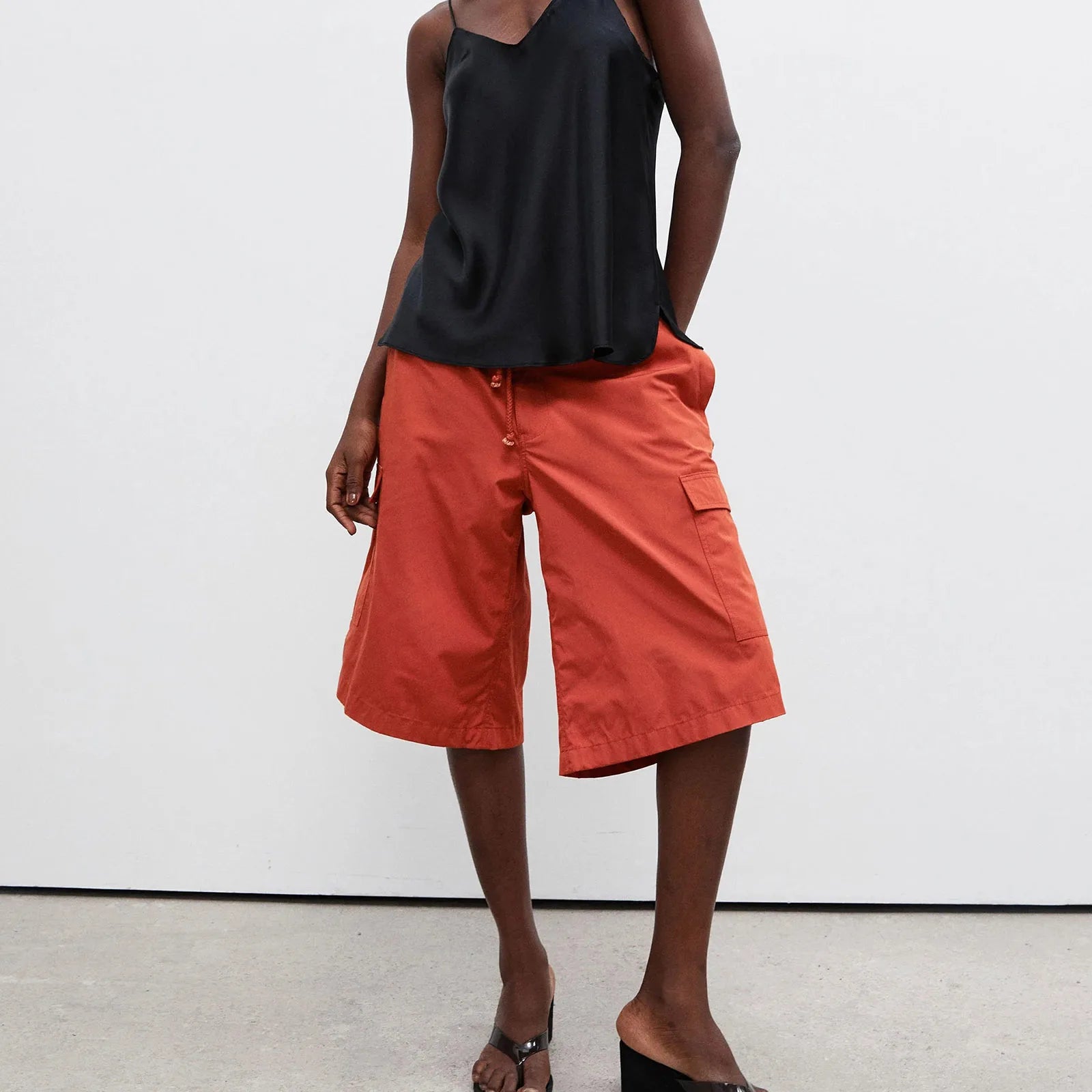 VacationGrabs Elastic Drawstring Cargo Bermuda Shorts Women Multi Pocket Loose Wide Leg Knee Length Baggy Capri Culottes Y2KStreetwear