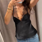 Lace Trim Satin Cami Tops for Women Summer Spaghetti Strap Sexy V Neck Silk Camisole Going Out Party Shirts Sexy Lady Streetwear