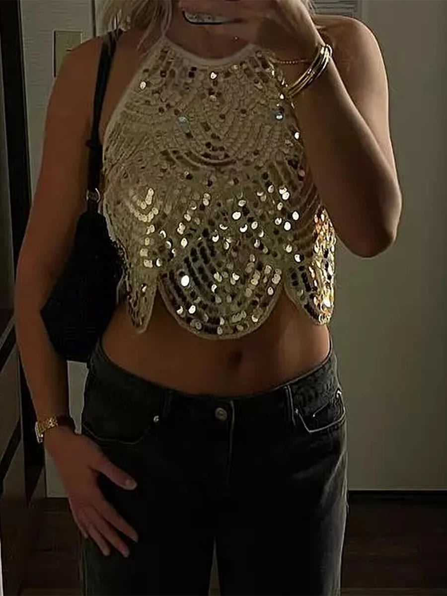VacationGrabs Womens Halter Sequin Tank Top Backless Tie Up Sexy Sparkly Crop Top Sleeveless Glitter Party Tops Sexy Clubwear