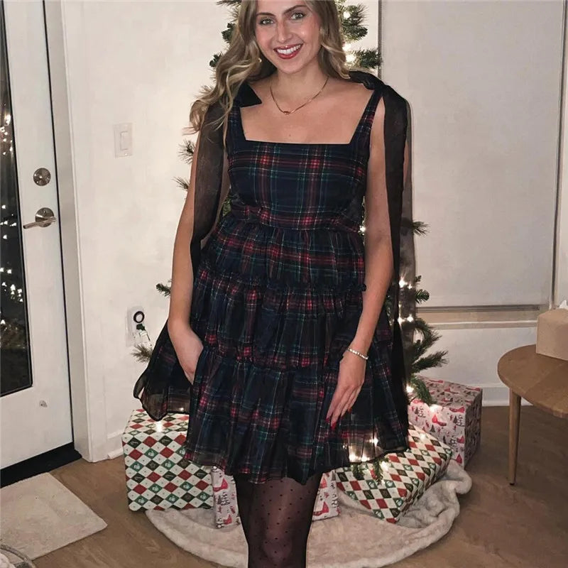 VacationGrabs Women Tartan Plaid Mini Dress Square Neck Mesh Bow Strap Sleeveless Tiered Ruffle A Line Swing Christmas Party Dress