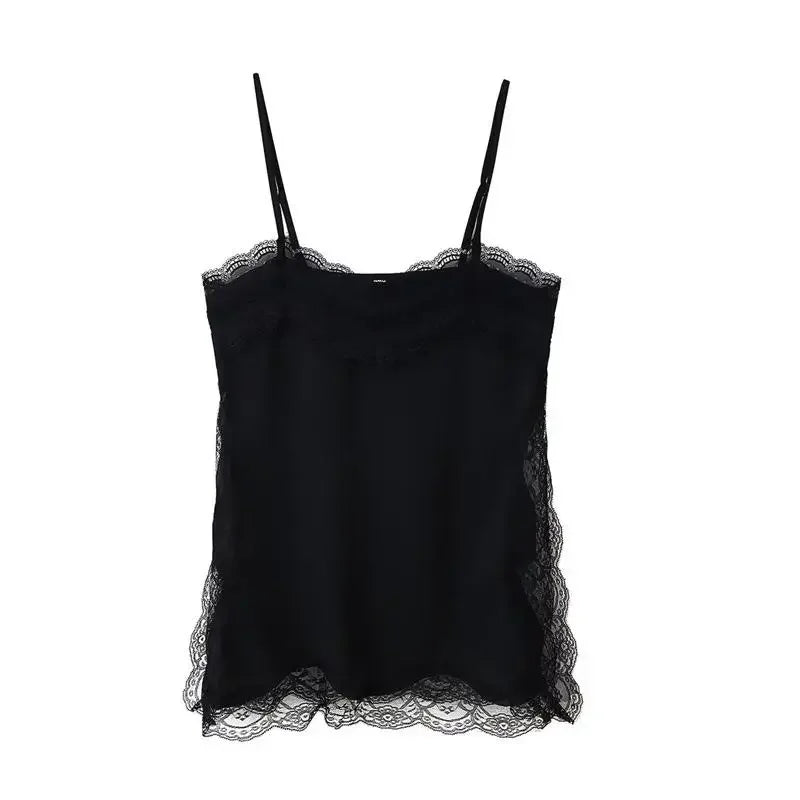 VacationGrabs Women Lace Trim Satin High Low Tops Silk Spaghetti Strap Side Split Asymmetrical Cami Top Flowy Silky Layering Tops