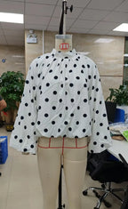 VacationGrabs Y2K Women Polka Dot Blouse Puff Long Sleeve Stand Collar Shirt Back Bow Tie Loose Cropped Top Fall Casual Backless Shirt