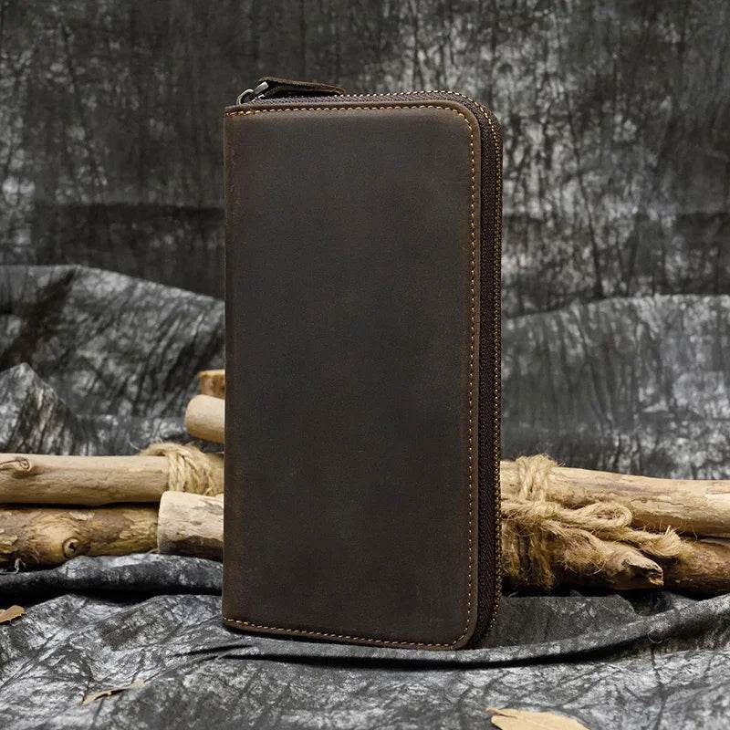 Vintage Leather Long Wallet for Men & Women with Single Zipper - VacationGrabs