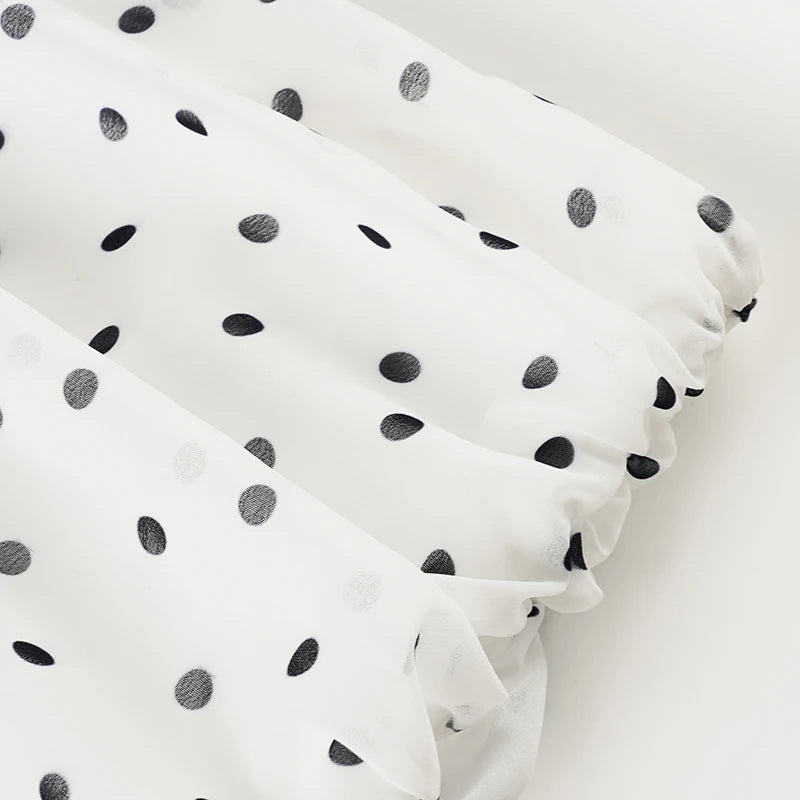 VacationGrabs Polka Dot Floor-length Chiffon Skirt French Style Ruffled Mesh A-line Skirts Elegant Maxi Bottoms High Waist Streetwear
