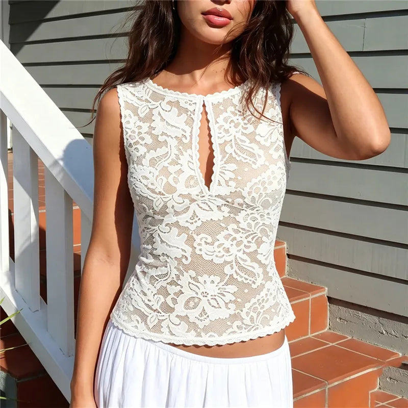VacationGrabs Summer Beach Sheer Lace Sleeveless Top Scallop Edge Neck Keyhole Cutout Slim Short Cover Up Vacation Casual Tank