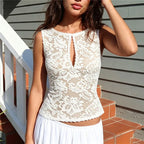 VacationGrabs Summer Beach Sheer Lace Sleeveless Top Scallop Edge Neck Keyhole Cutout Slim Short Cover Up Vacation Casual Tank