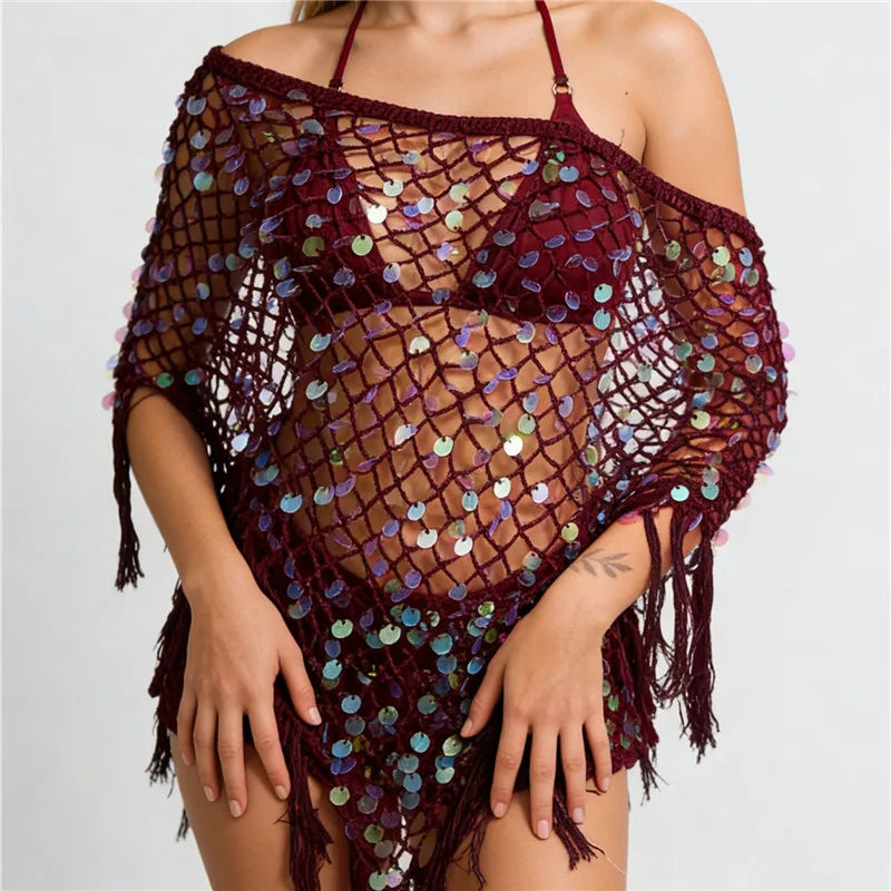 VacationGrabs Women's Tassel Knit Ponchos Fashion Sequin Off One Shoulder Loose Fit Crochet Shrug Shawl for Casual Beach Wear