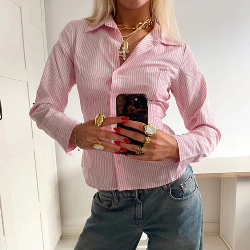 VacationGrabs Women Slim Fit Button Down Striped Shirt Long Sleeve Fitted Button Up Shirt Vintage Y2K Pinstripe Collared Blouse