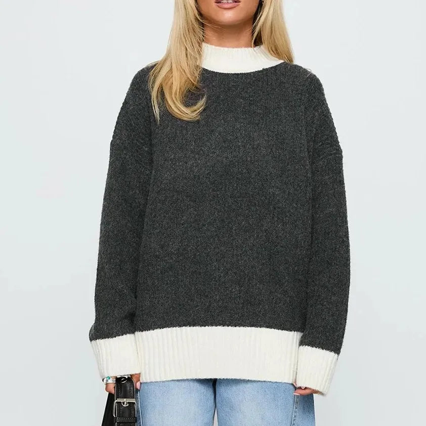 VacationGrabs Casual Autumn Winter Women Sweater Korean Fashion Color Patchwork Solid O-Neck Loose Long Sleeve Pullovers Knitted Tops