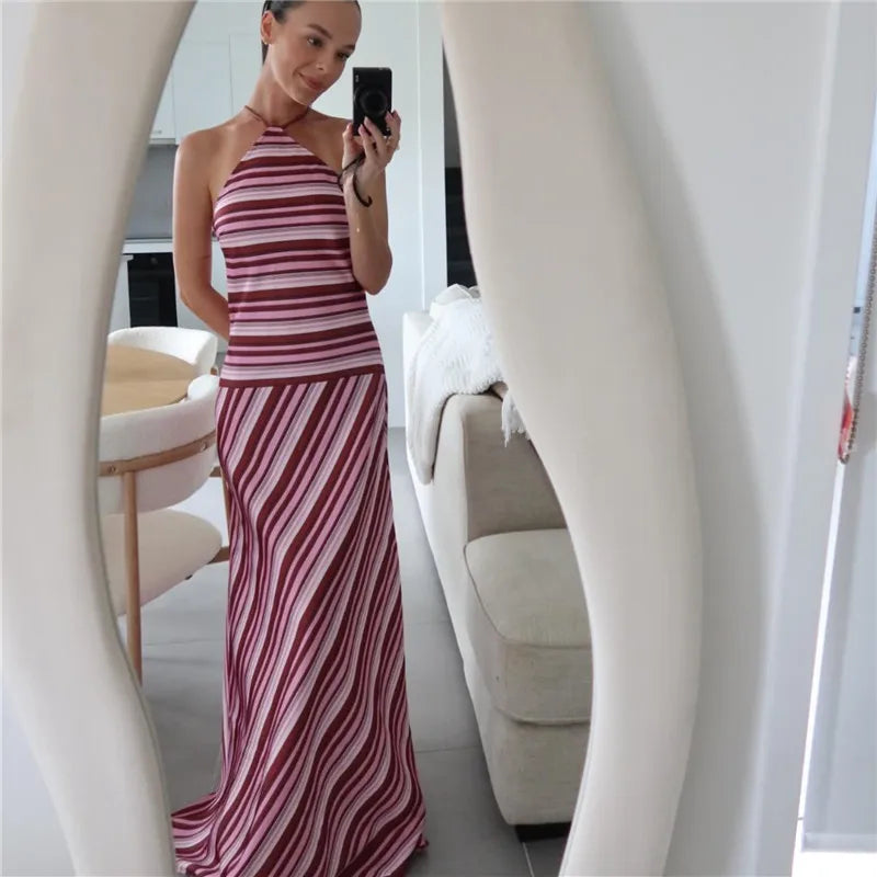 Women's striped halter neck maxi dress, perfect for summer gatherings